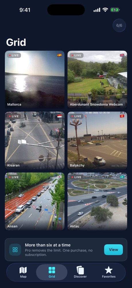 Six live cameras side by side in the grid