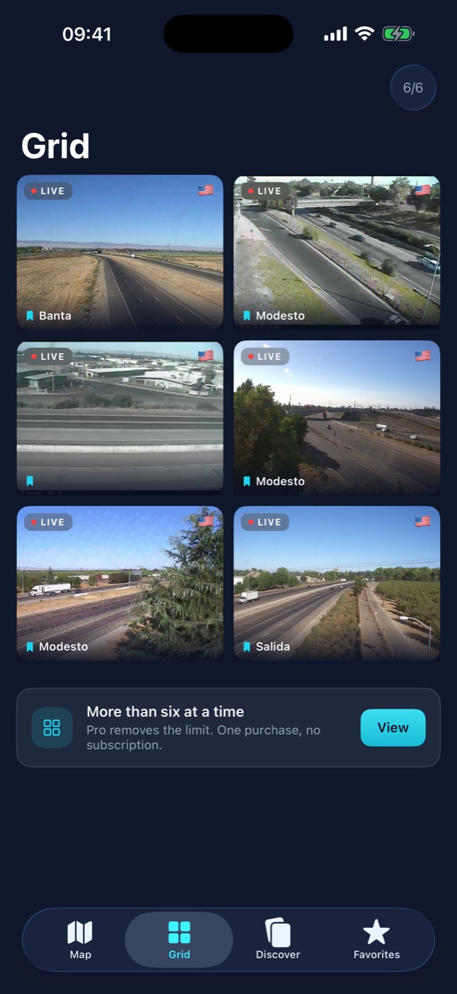 Six live cameras side by side in a grid